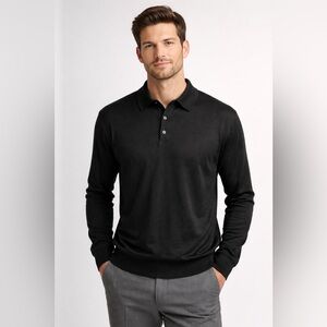 Anthology 100% Silk Black Long Sleeve Polo Men’s XL Luxury Lightweight